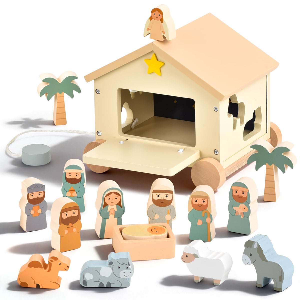 Mauzutta wooden nativity house on wheels promotes mess-free portable play