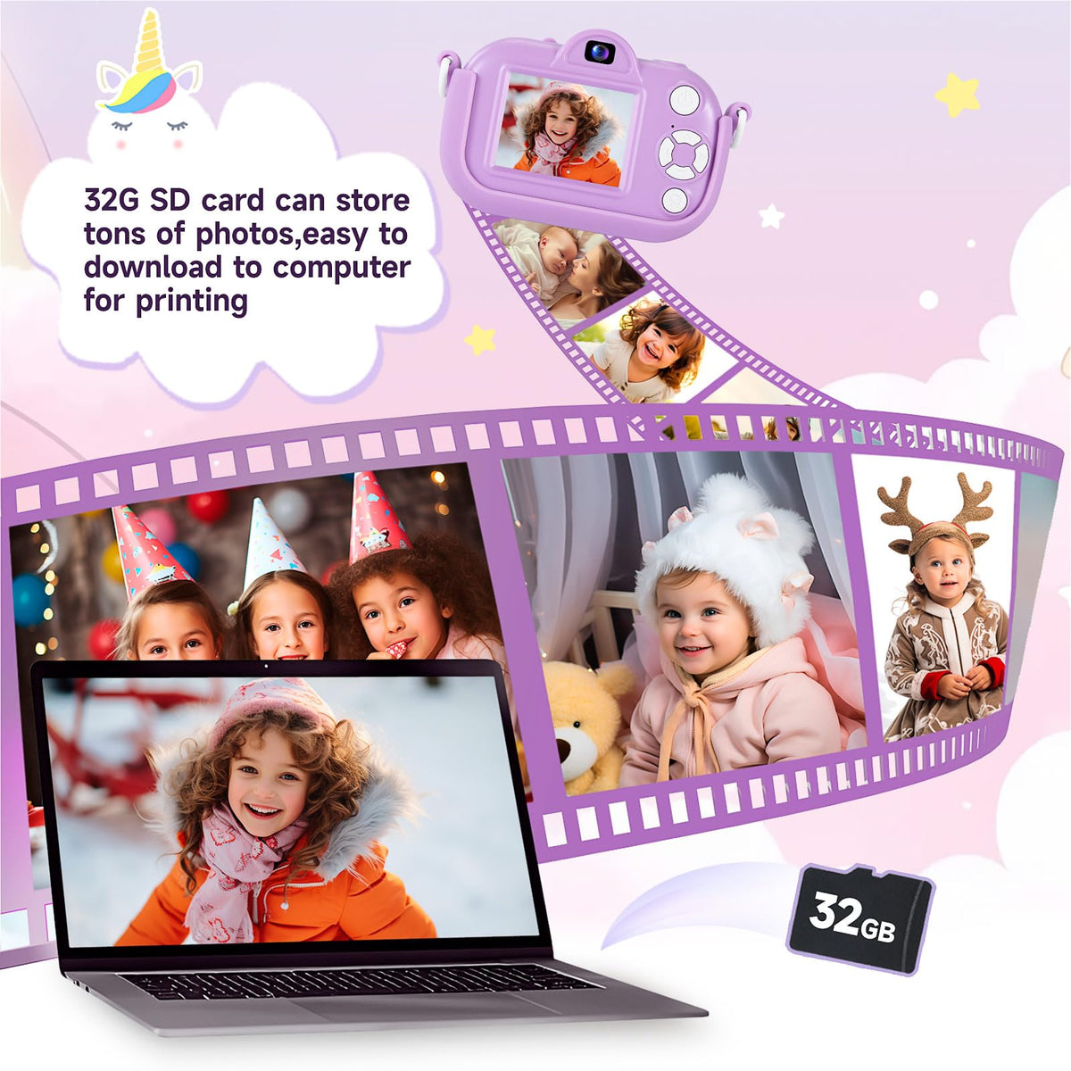 MAVOKIS Kids Camera with 32GB SD card included for immediate use