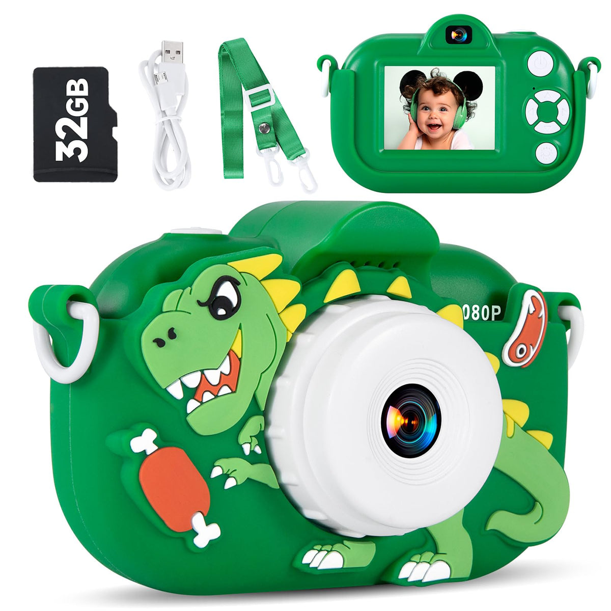 MAVOKIS Kids Camera compact green body, easy to hold for kids.