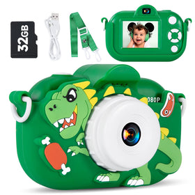 MAVOKIS Kids Camera compact green body, easy to hold for kids.