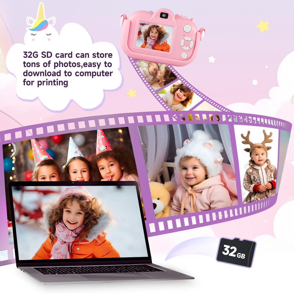 MAVOKIS Kids Camera stickers and frames spark creativity in photos.