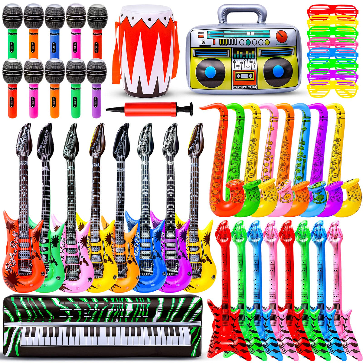 Max Fun inflatable rock-star guitars for energetic kid performances.