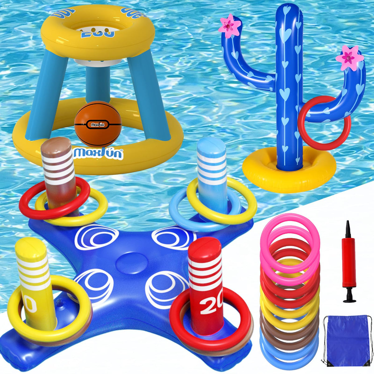 Max Fun inflatable basketball hoop ready for pool play and family games.