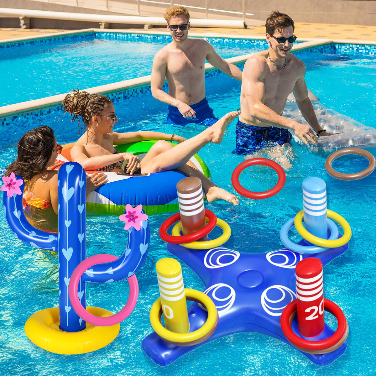 Max Fun inflatable rings ready for tossing and stacking in the pool.