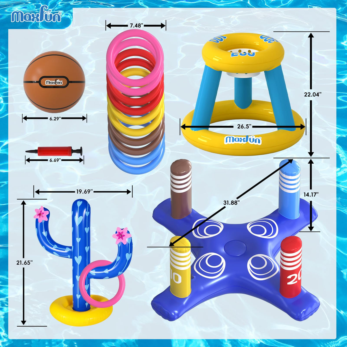Max Fun inflatable ring toss game with bright rings for pool play.