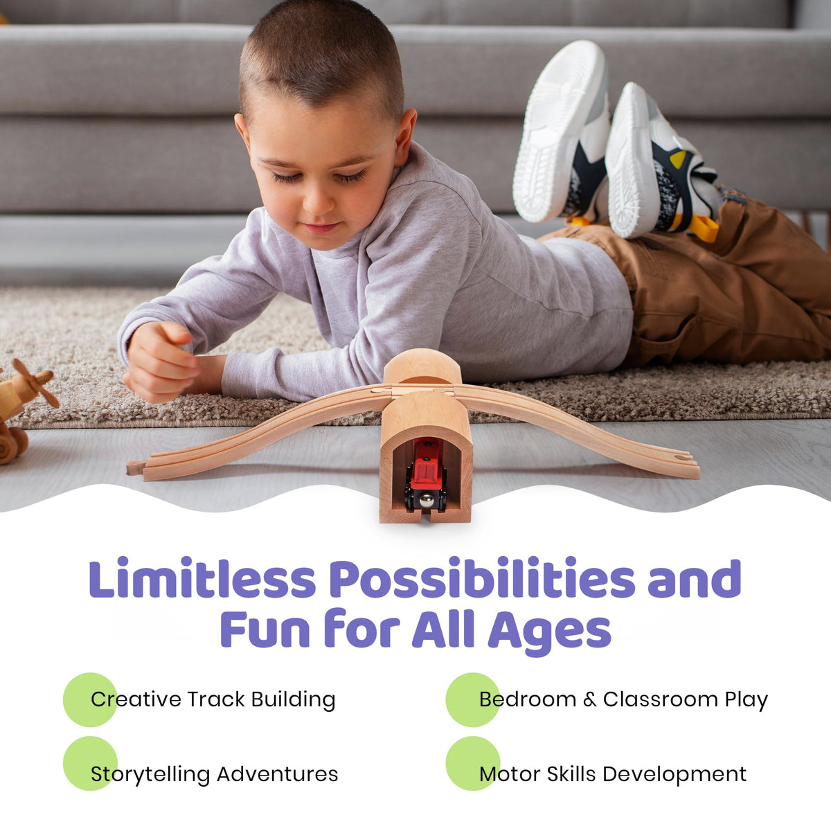 Maxim Enterprise wooden train track ascending-descending showcases elevation changes for kids