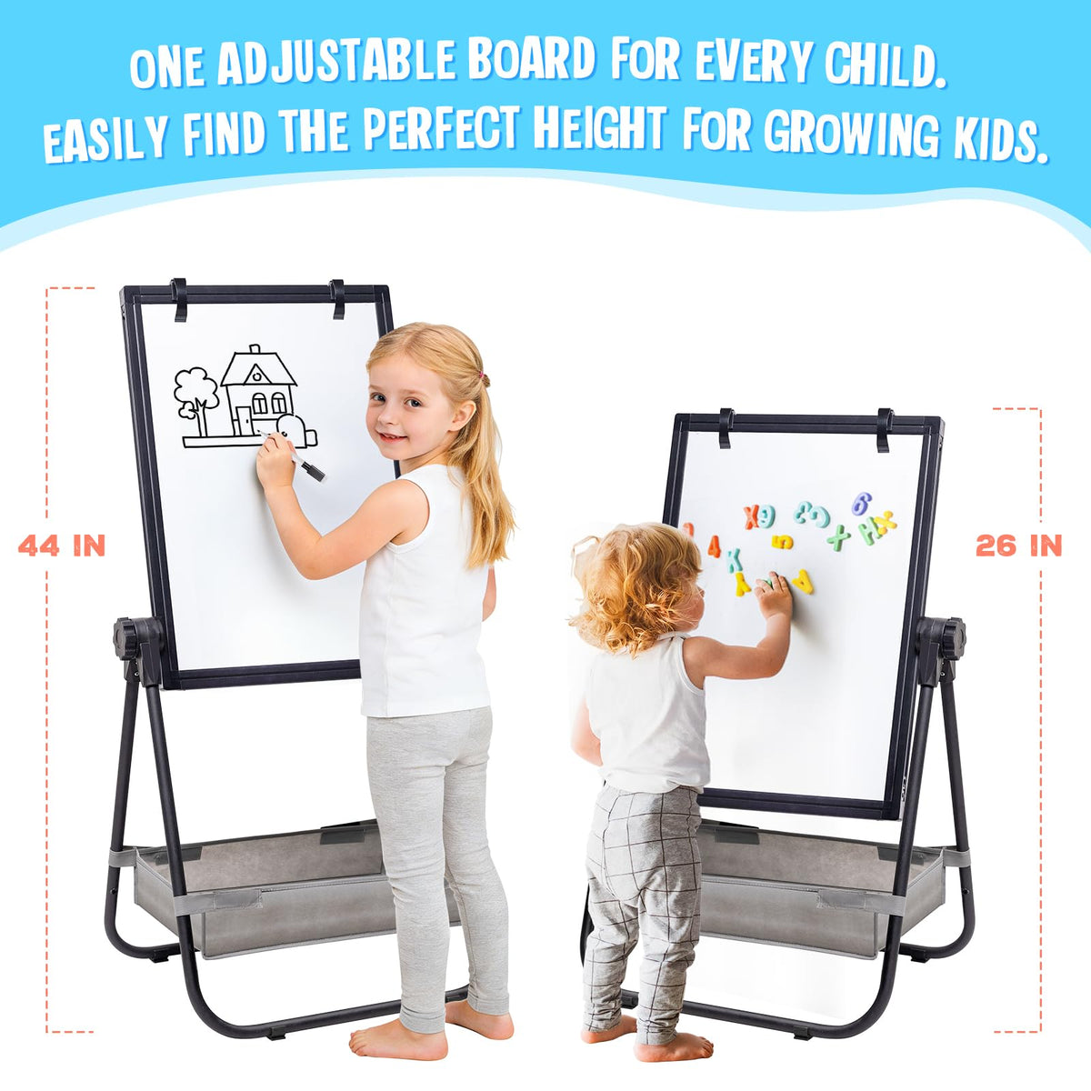 Maxtek Kids Easel adjustable height from 26 to 44 inches supports growing children.