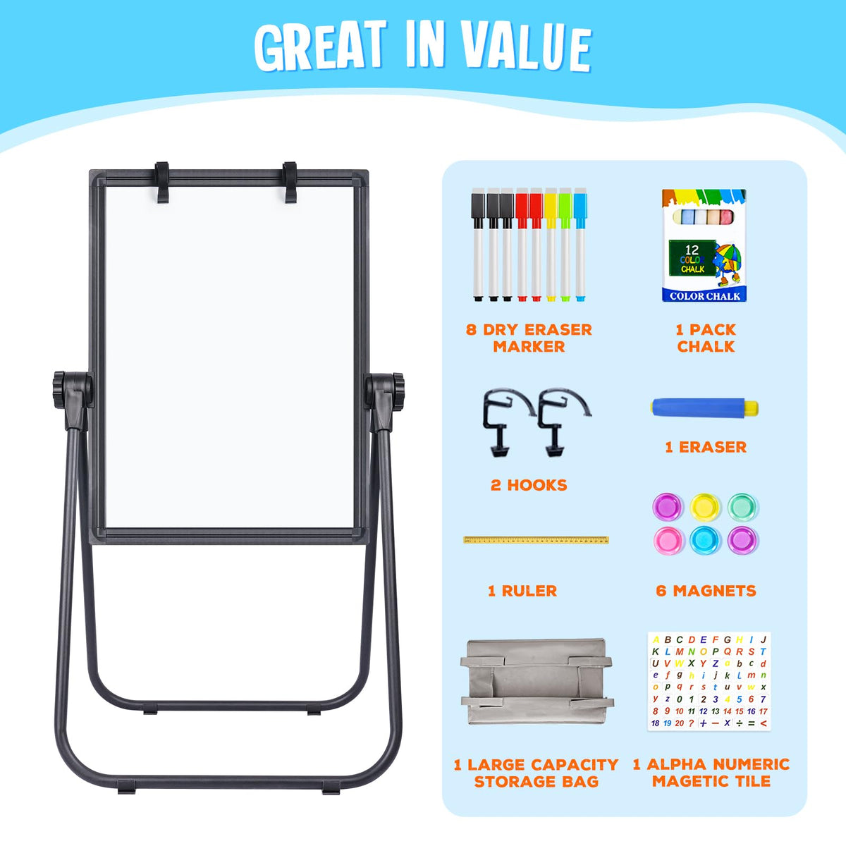 Maxtek Kids Easel with magnetic letters and numbers enhances early literacy activities.