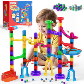 MaxTronic marble run kit top view with clear marble tracking for kids