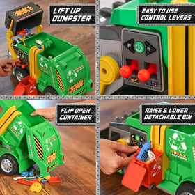 Detachable recycle bin raises and lowers for versatile sorting play.