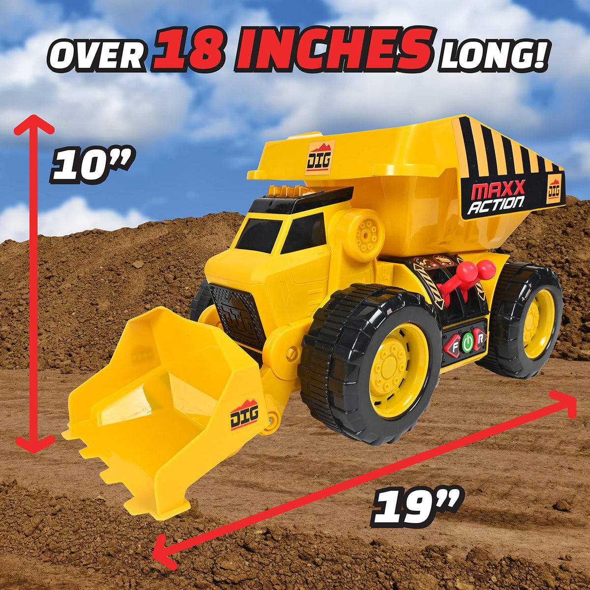 Maxx Action Dig Rig 18-inch tires roll on sand, dirt, or carpet