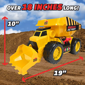 Maxx Action Dig Rig 18-inch tires roll on sand, dirt, or carpet
