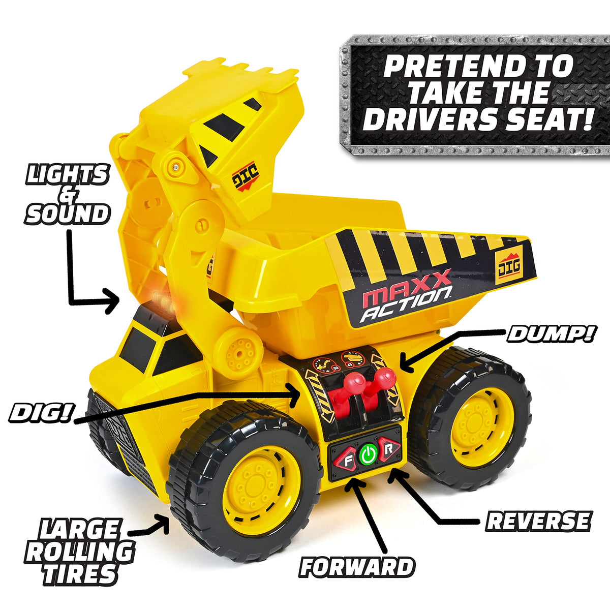 Maxx Action Dig Rig motorized engine moves forward and reverse on rough terrain