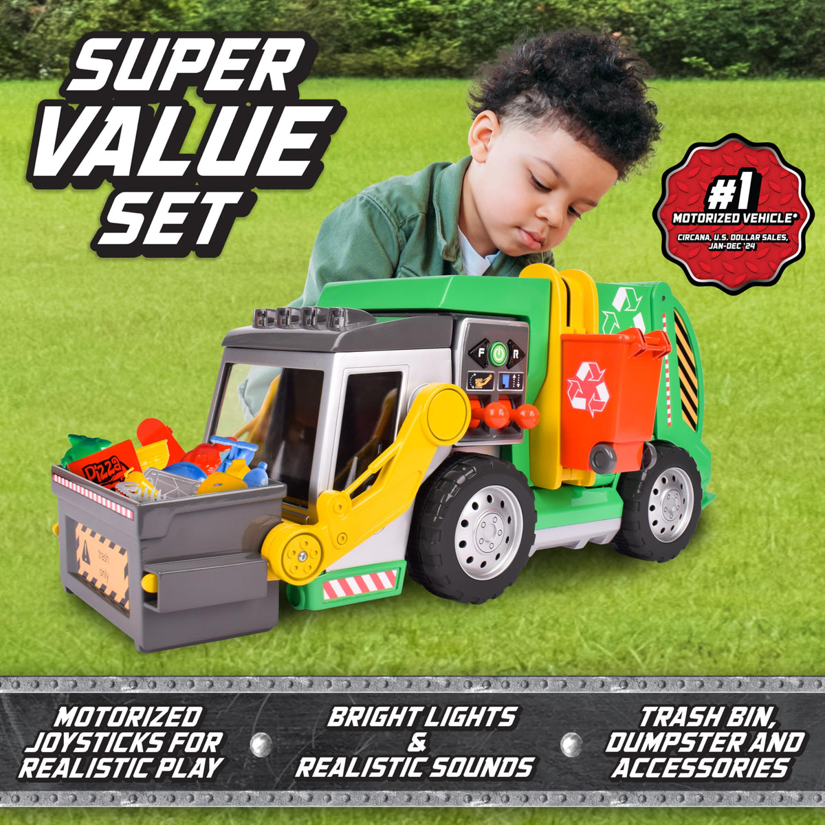 Front loader lifting a dumpster for dynamic pretend waste management.