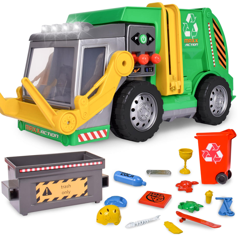 Maxx Action garbage truck with flashing lights and realistic sounds for immersive play.