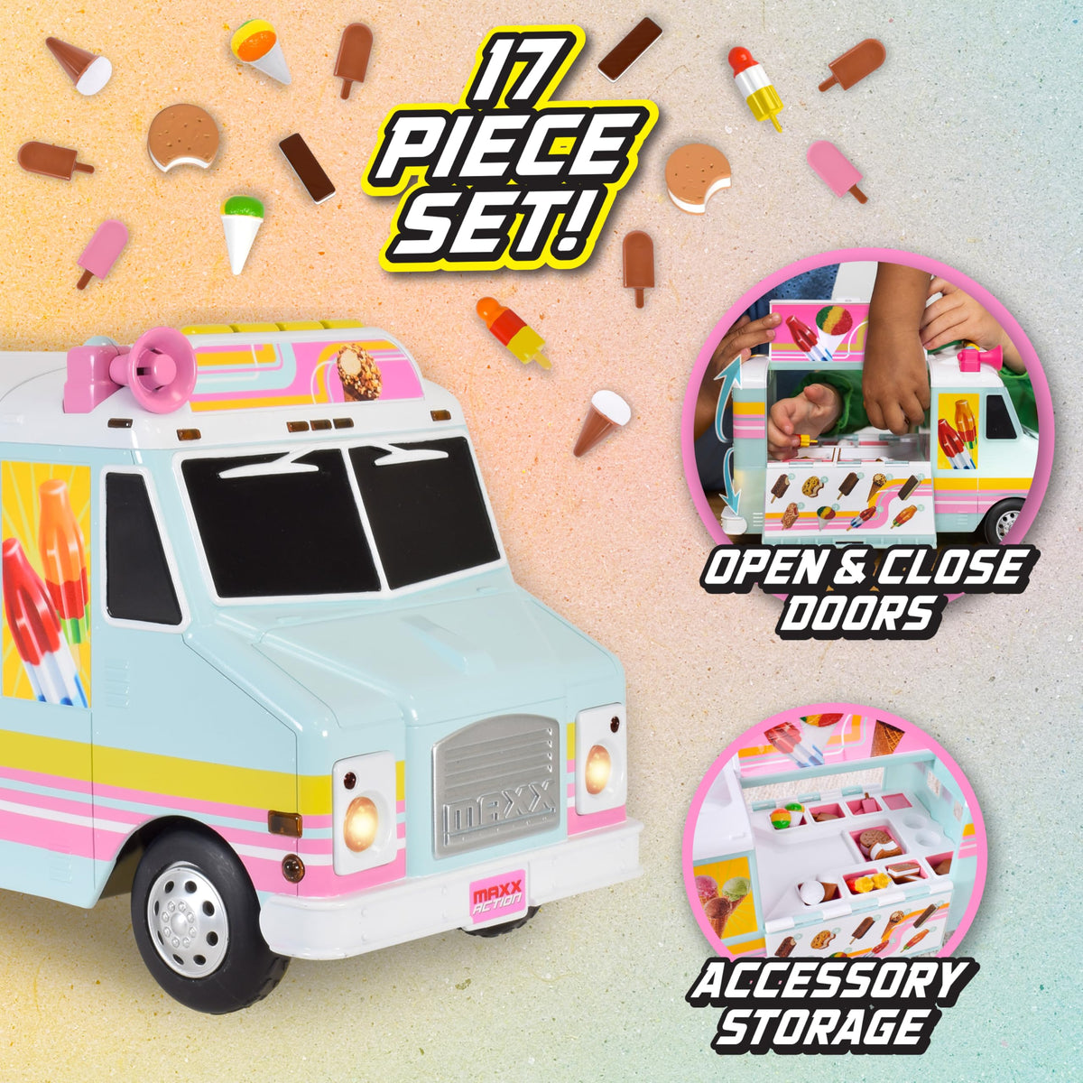 Maxx Action ice cream truck open side doors revealing serving station