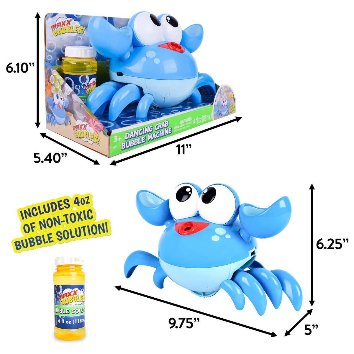 Maxx Bubbles Dancing Crab 4oz solution included for instant setup.