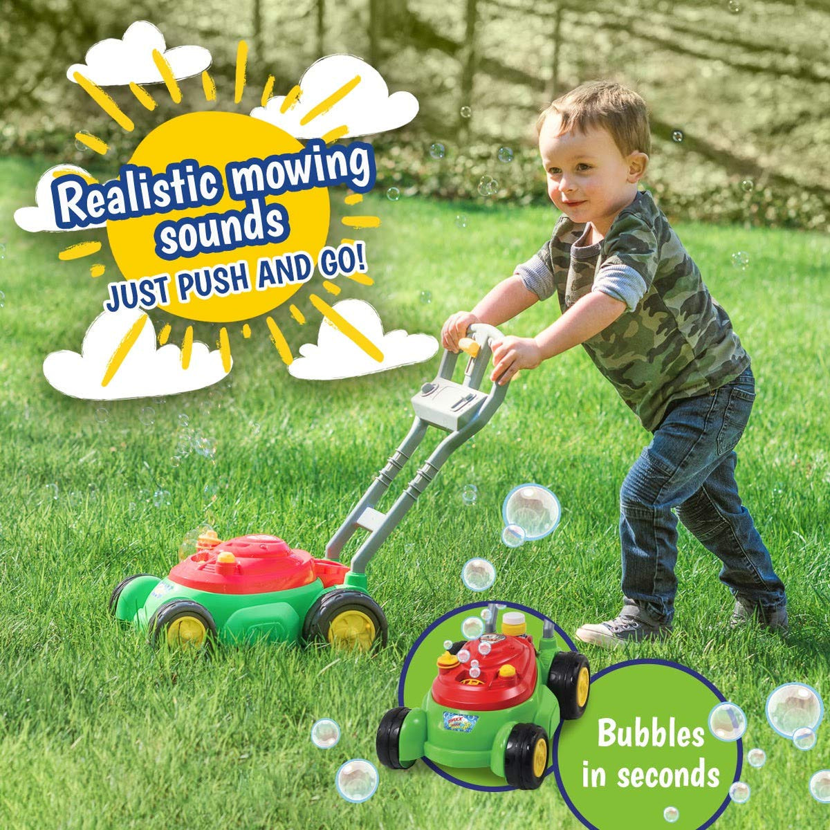 Maxx Bubbles Bubble-N-Go Mower in action releasing bubbles for imaginative play