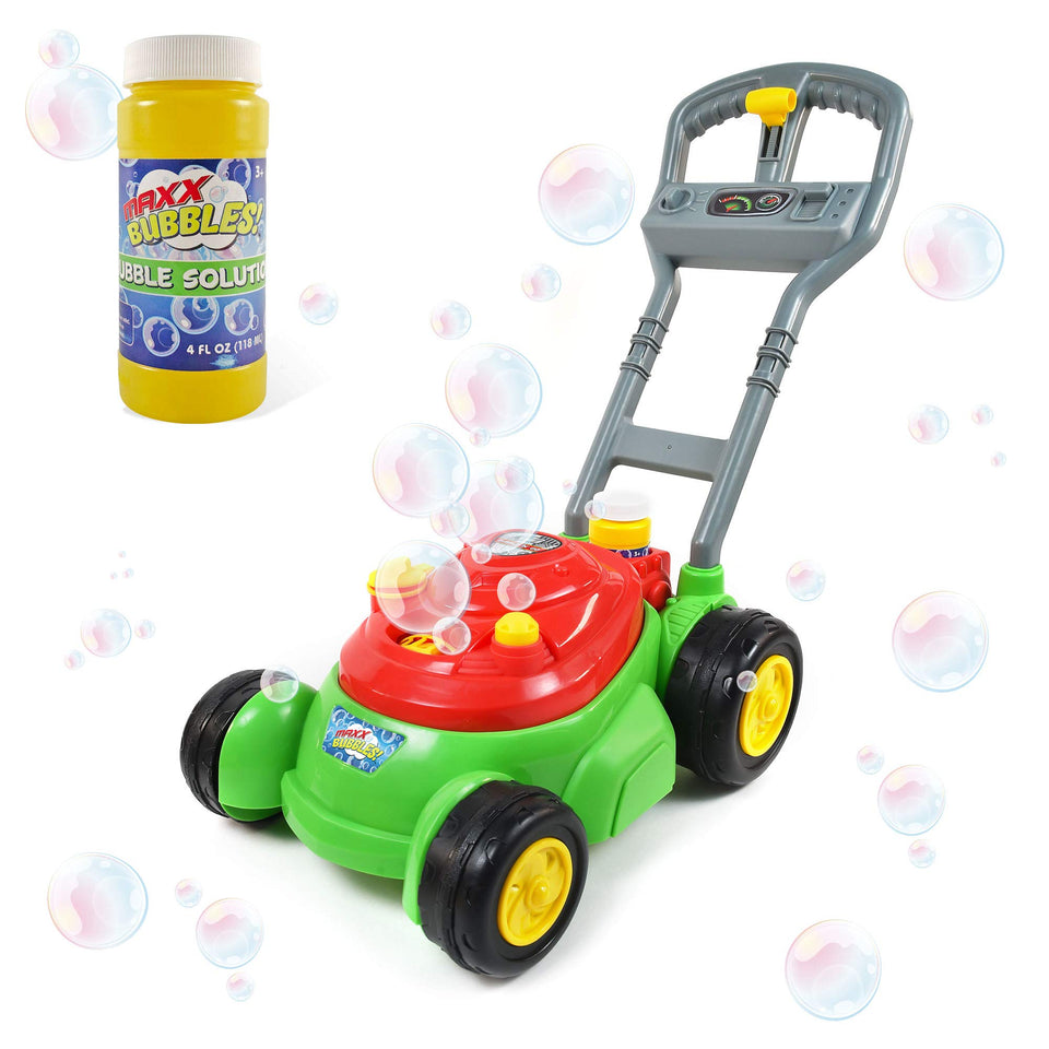 Maxx Bubbles Bubble-N-Go Mower front view releasing bubbles for outdoor play