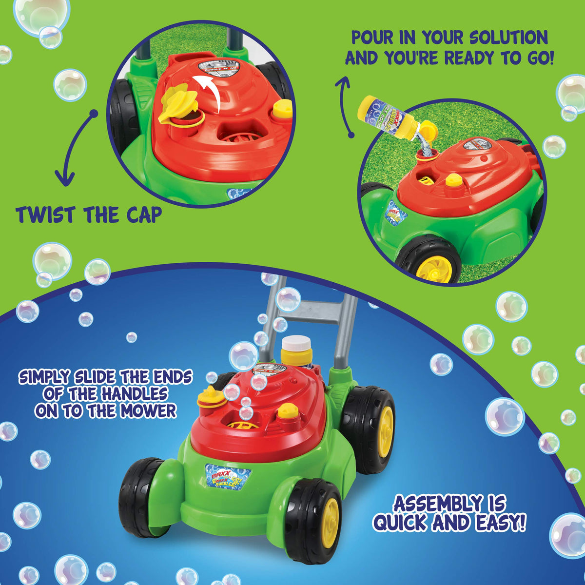 Kids outdoors with Maxx Bubbles Bubble-N-Go Mower for active play