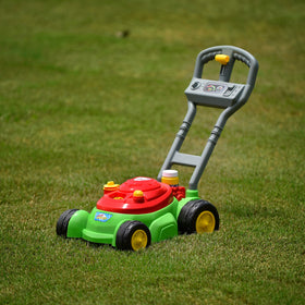 Maxx Bubbles Bubble-N-Go Mower side view with rugged tires for outdoor surfaces