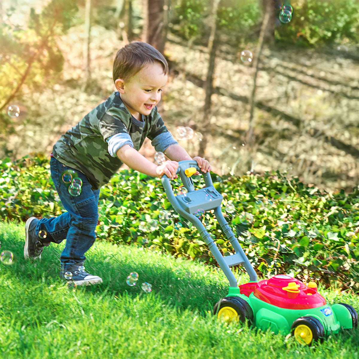 Maxx Bubbles Bubble N Go mower side view highlights safe, battery-free fun