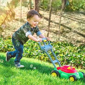 Maxx Bubbles Bubble N Go mower side view highlights safe, battery-free fun