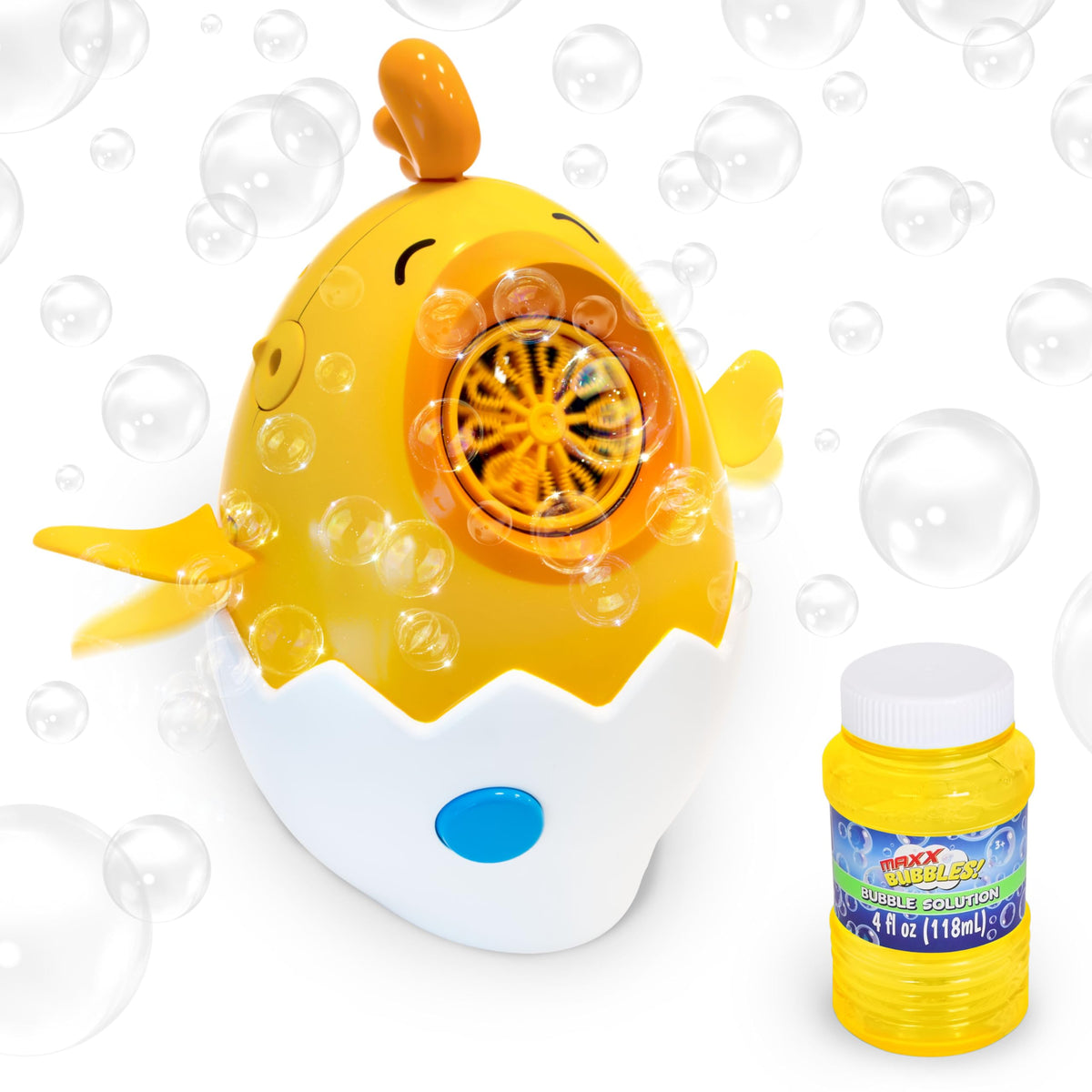 Maxx Bubbles Dancing Chick flaps wings and bursts bubbles for active outdoor play.