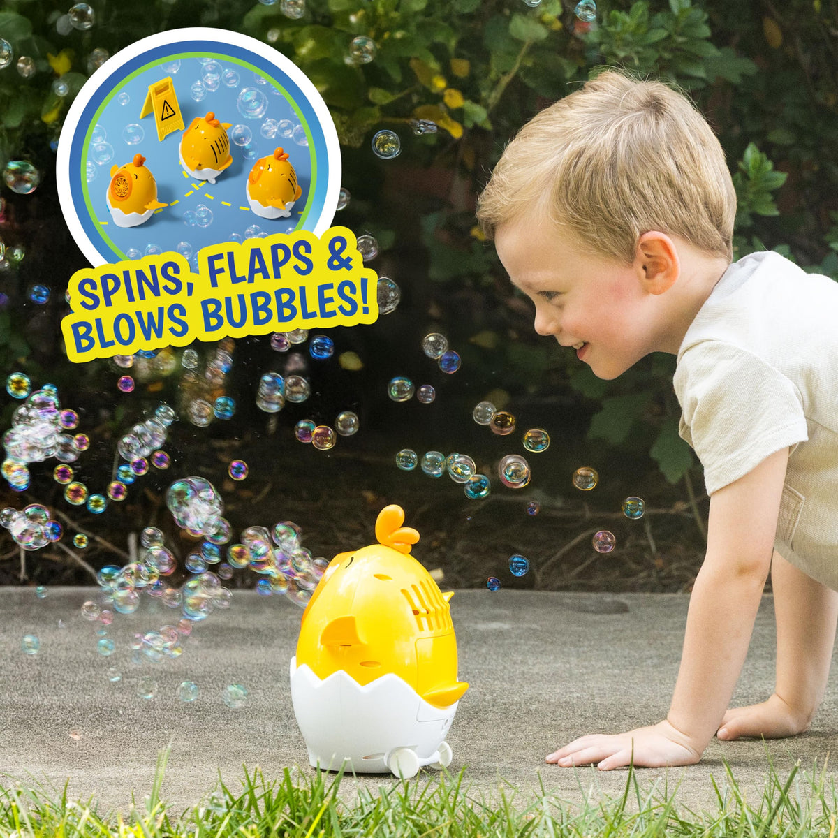 Maxx Bubbles Dancing Chick spins smoothly, guiding little ones on a bubble-chasing adventure.