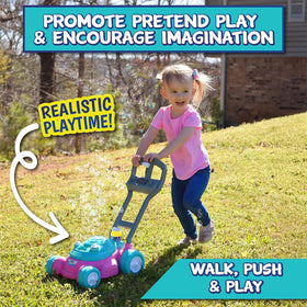 Maxx Bubbles Deluxe lawn mower bubbles emerging during play encourage active outdoor fun