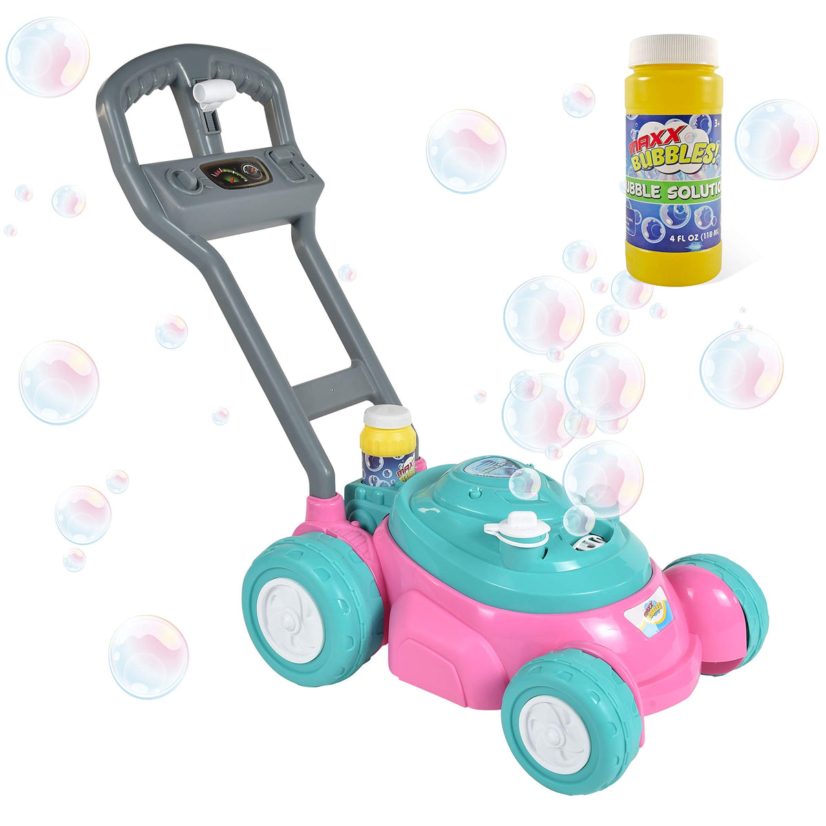 Maxx Bubbles Deluxe lawn mower pink front view promotes imaginative outdoor play for kids