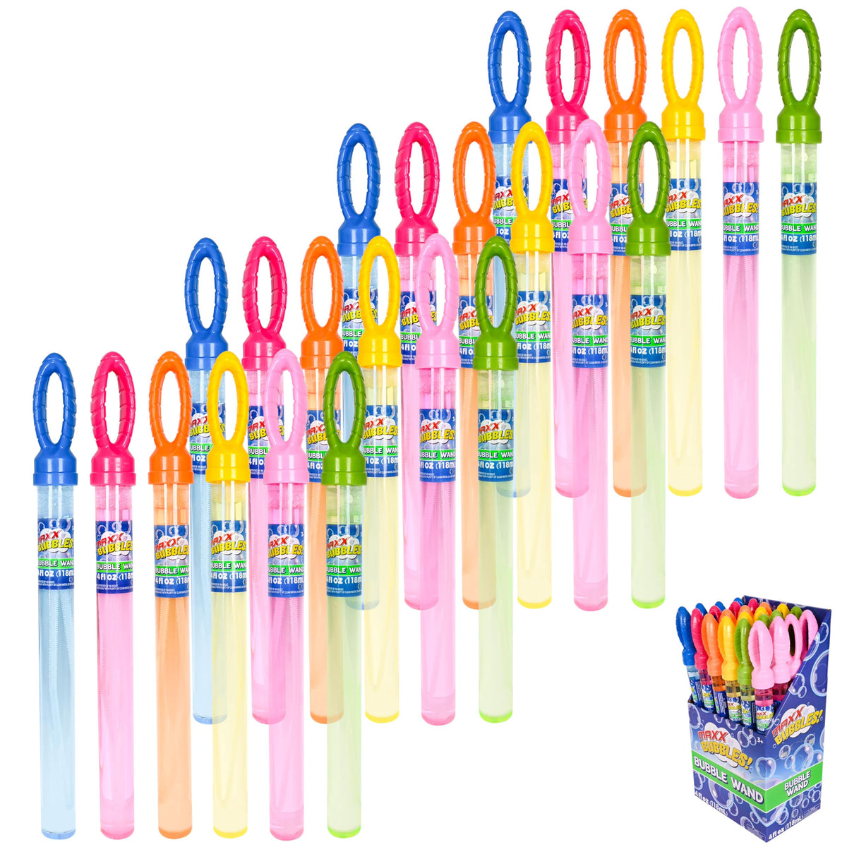 Maxx Bubbles wands in a colorful rainbow collection for vibrant bubble play.