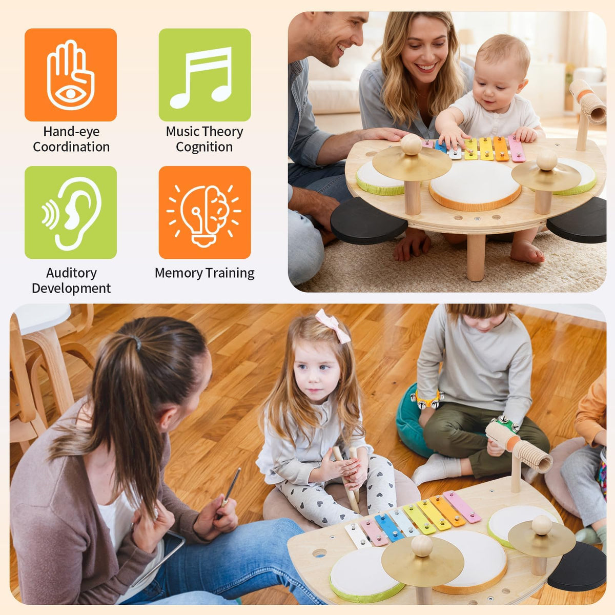 MAXZONE Kids Drum Set wood-tone block adds natural percussion