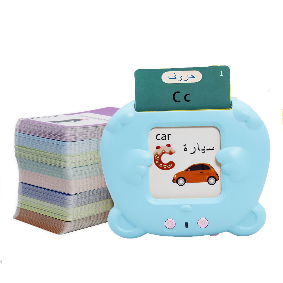 MAYAPHILOS flash-card reader reads aloud bilingual words for Arabic-English practice.
