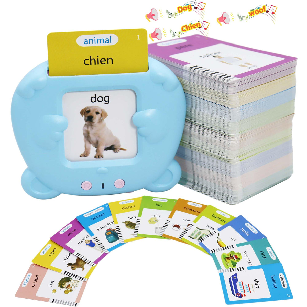 MAYAPHILOS reading flashcards reader delivers bilingual words aloud to support early bilingual exposure.