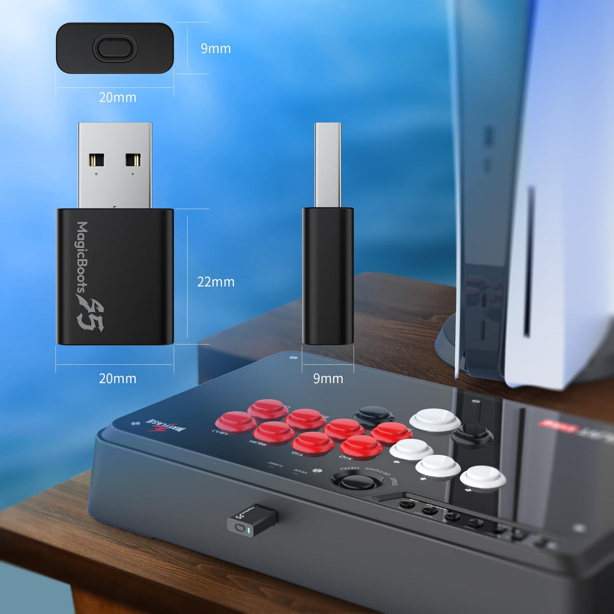 MAYFLASH MagicBoots-S5 LED indicators show blue PS4 and white PS5 modes.