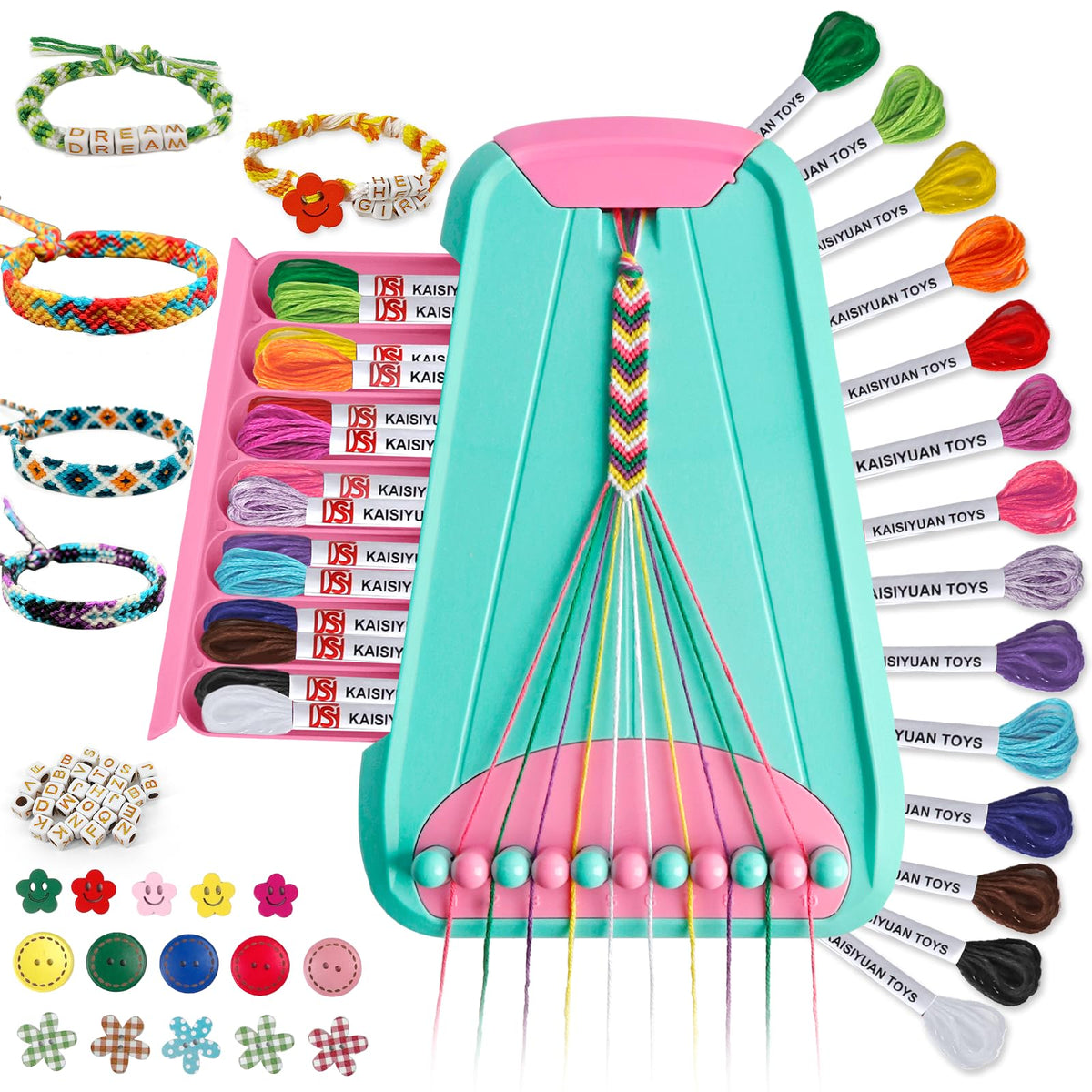 Maynacs friendship bracelet kit board for kids showing organized crafting setup.