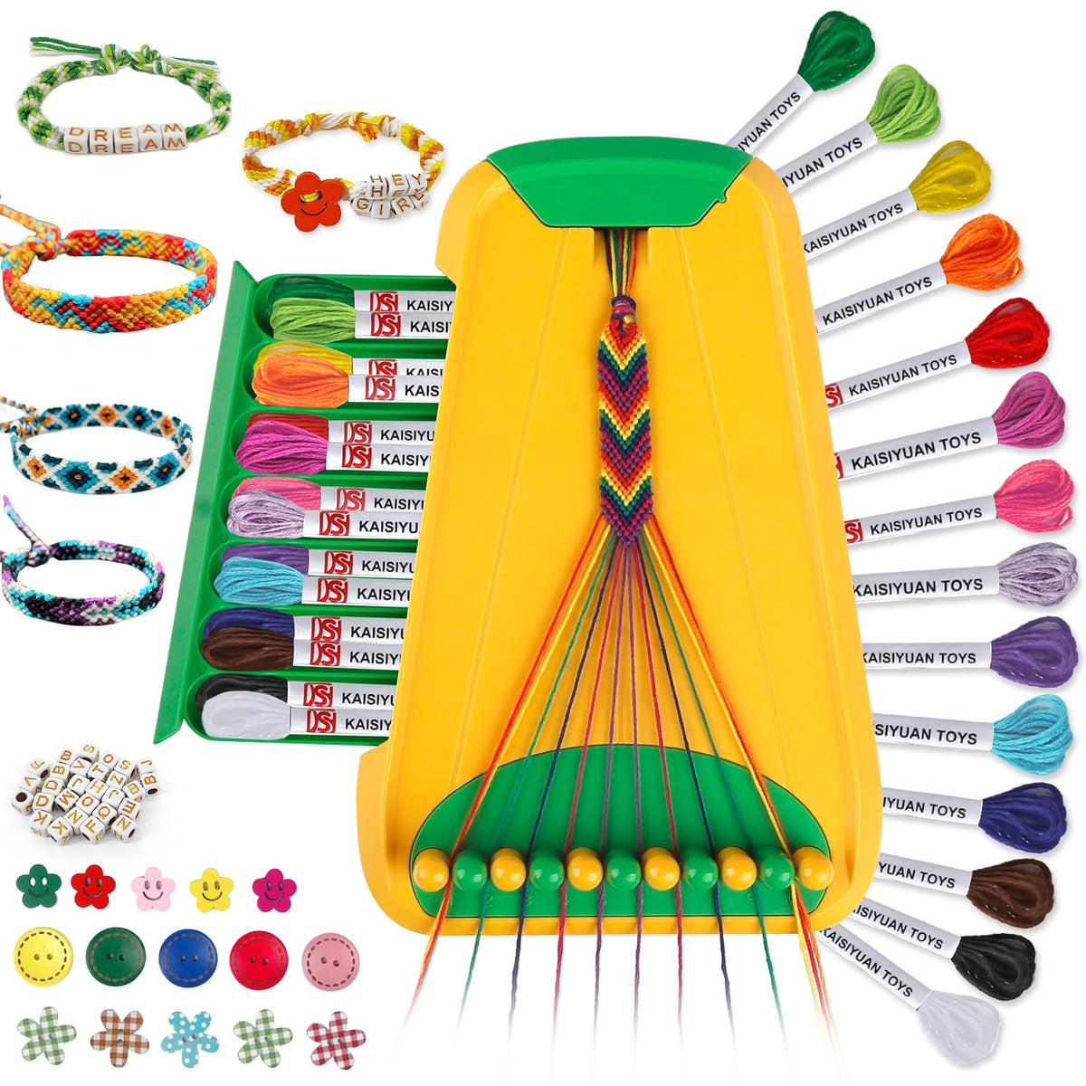 Maynacs friendship bracelet kit with storage compartment keeps threads organized for easy crafting.