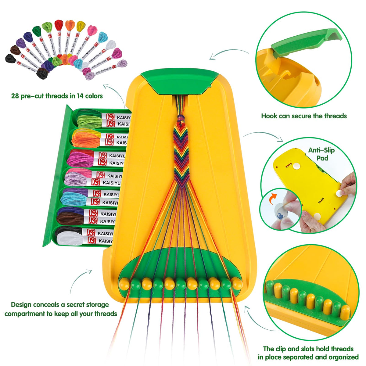 Maynacs threads in 28 bundles across 14 colors for vibrant bracelet designs.