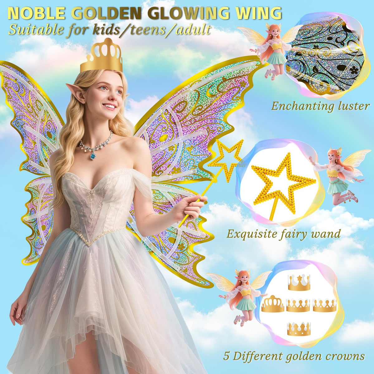 Maysida Gold Fairy Wings with adjustable straps ensuring secure fit during play.