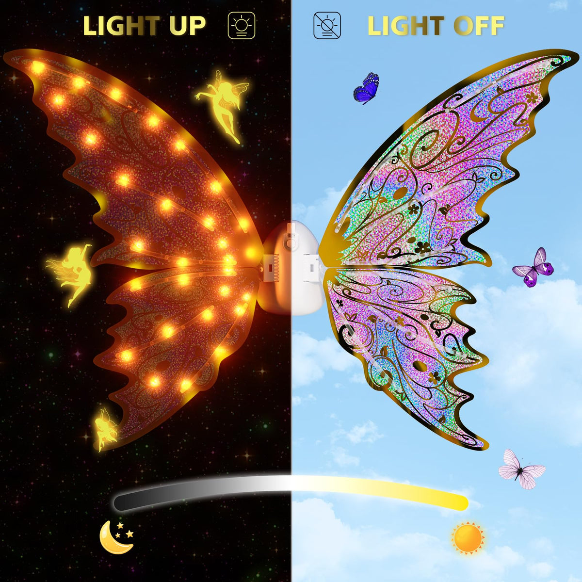 Maysida Gold Fairy Wings LED color-shifting effects for nighttime cosplay.