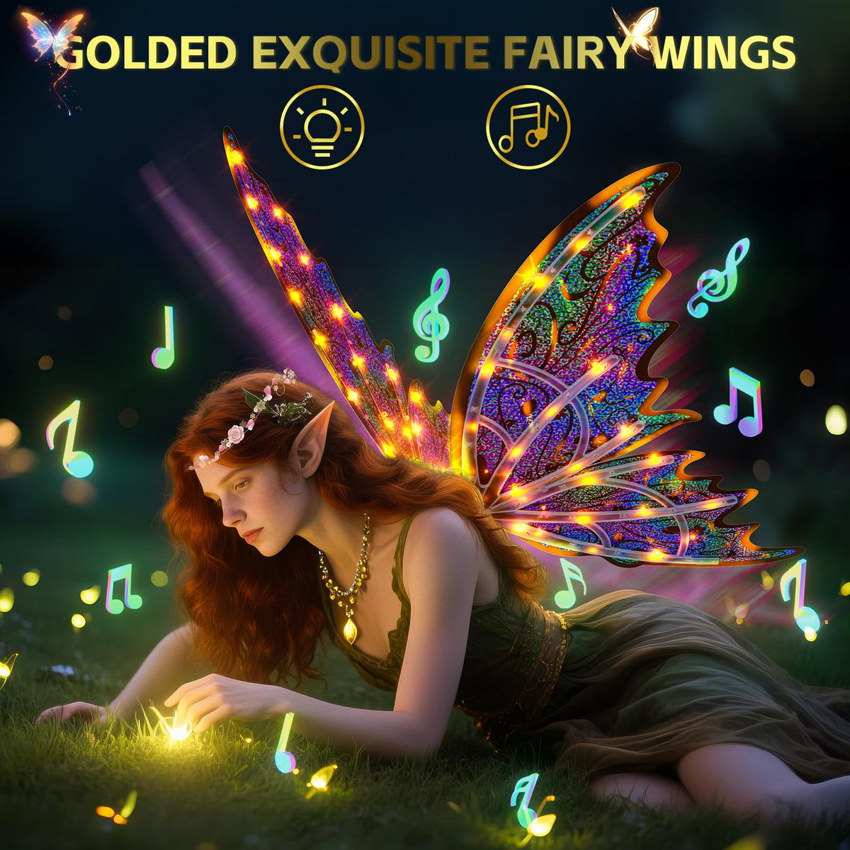 Maysida Gold Fairy Wings with wand illuminate for stage or party magic.