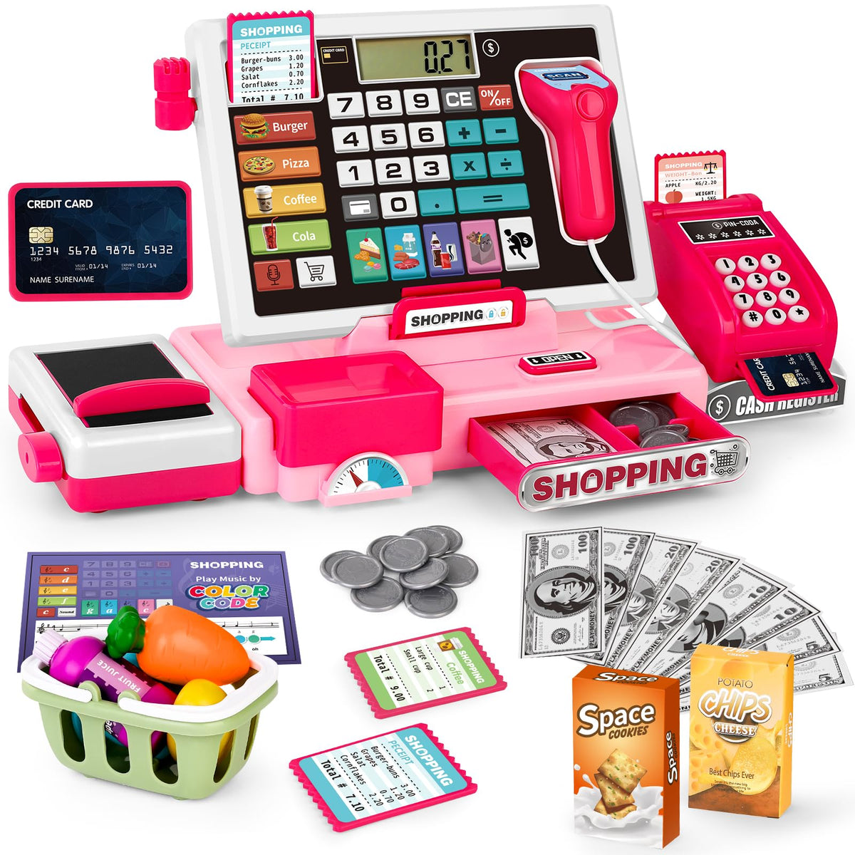 Maysida Kids Cash Register Pink with real calculator for early math practice.