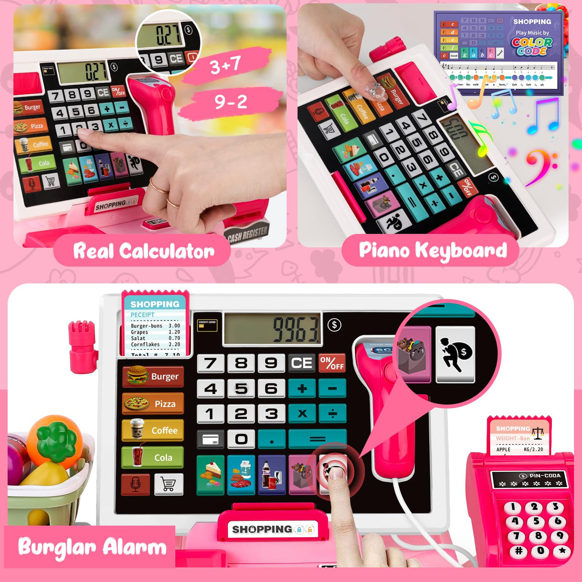 Maysida cash register pink scanner and credit card for pretend shopping.