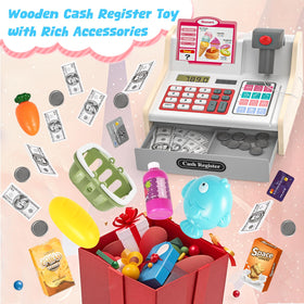 Open cash drawer with pretend money and accessories from the maysida set.