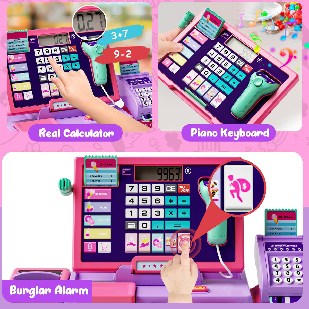 Maysida pink cash register LED lights capture attention during pretend shopping