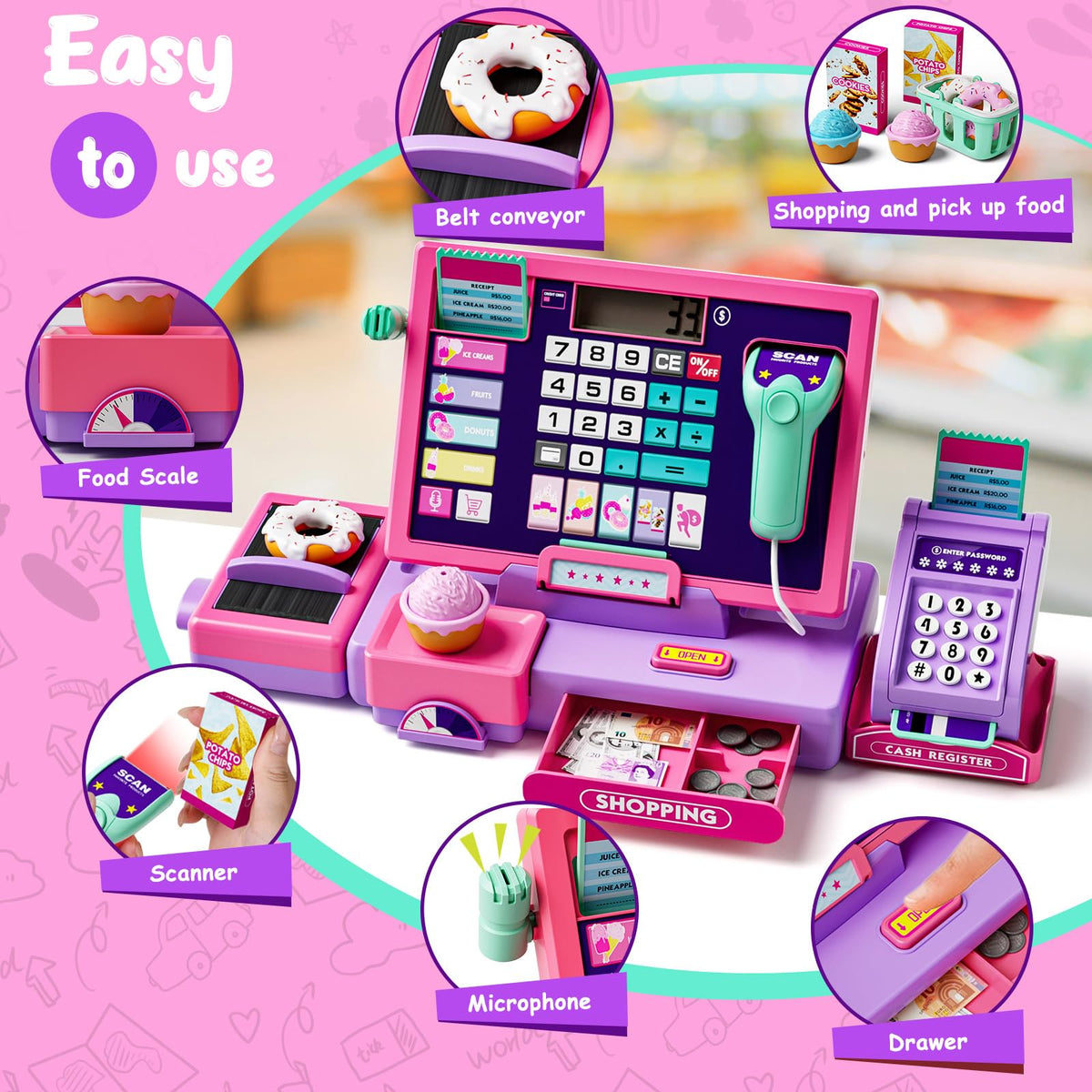 Maysida pink cash register scanner and card reader support cashier role play