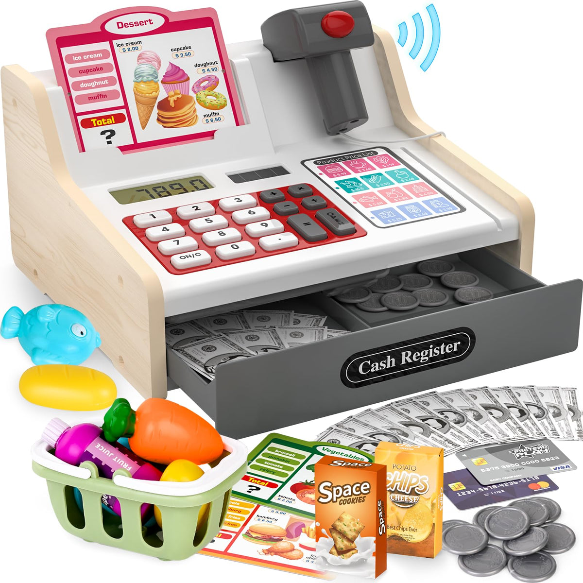 The maysida rechargeable wooden cash register with scanner for immersive pretend shopping and counting.