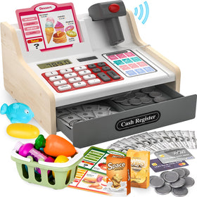 The maysida rechargeable wooden cash register with scanner for immersive pretend shopping and counting.