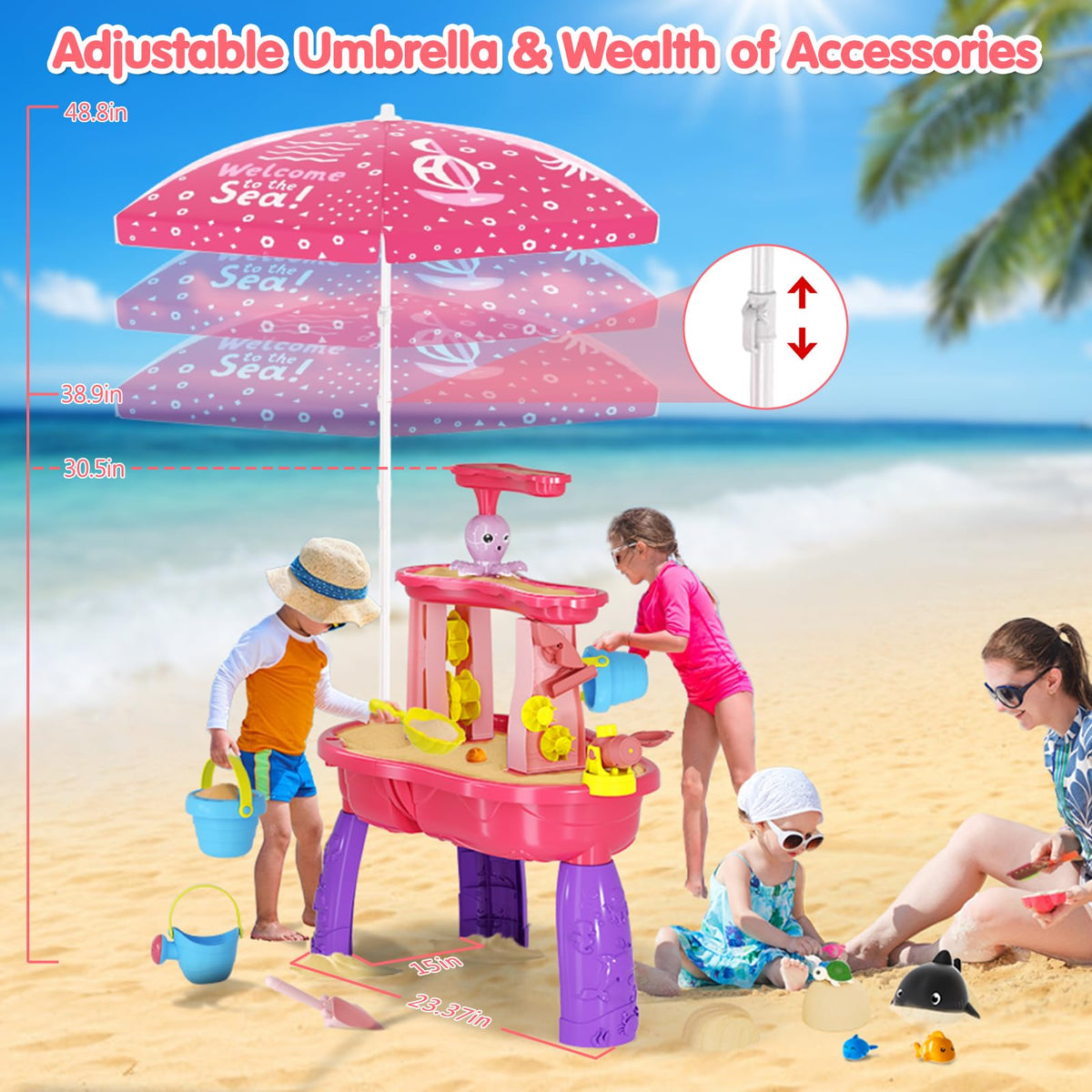 Adjustable UV umbrella provides sun protection during outdoor play
